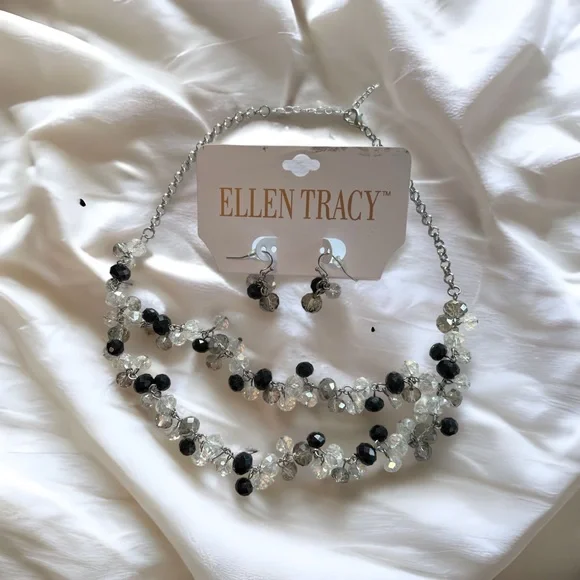 Ellen Tracy Necklace Choker and Earrings Black and